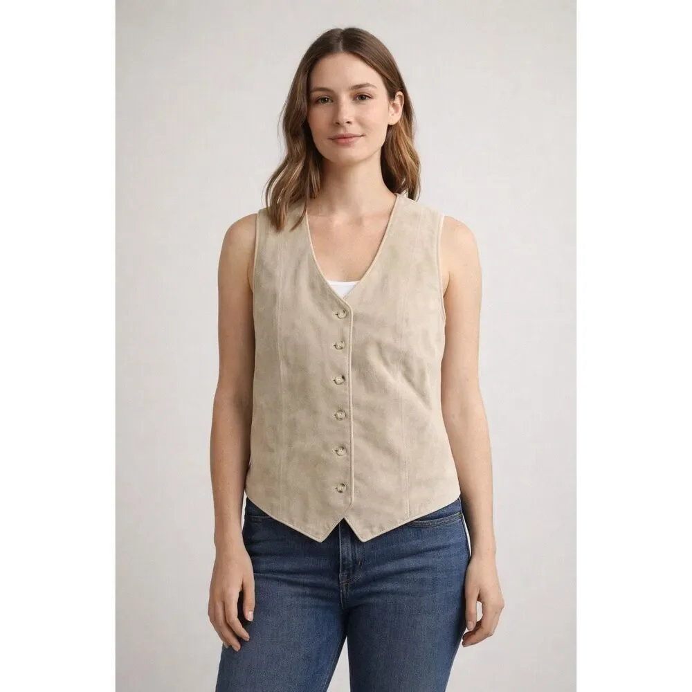 Marsh Landing Beige Leather Vest Womens Size 0 Button Front
